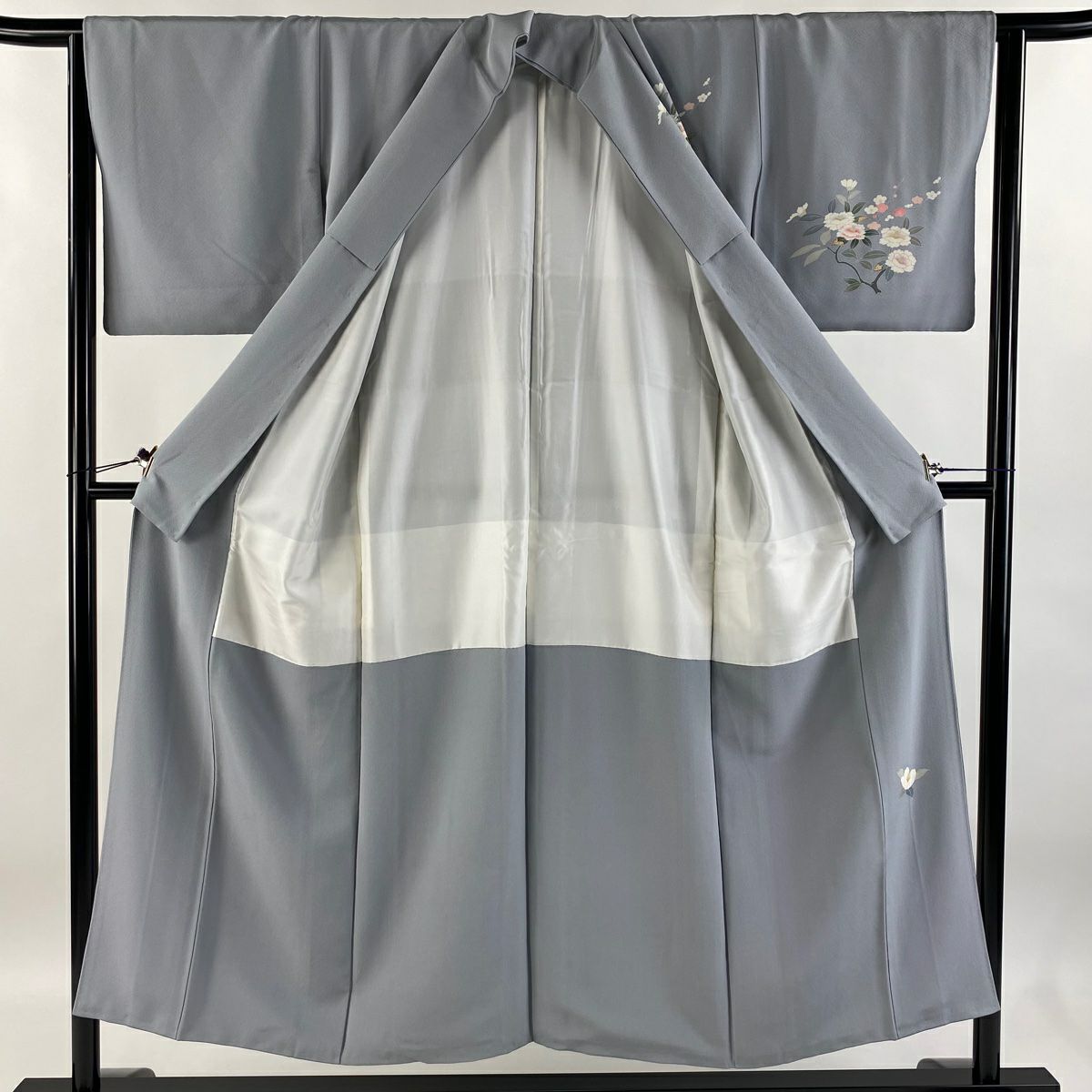 【庫存清倉】訪問服 身長151cm 袖長64.5cm M 雙層 椿 菊花 漸層 青灰 純蠶絲 優品級