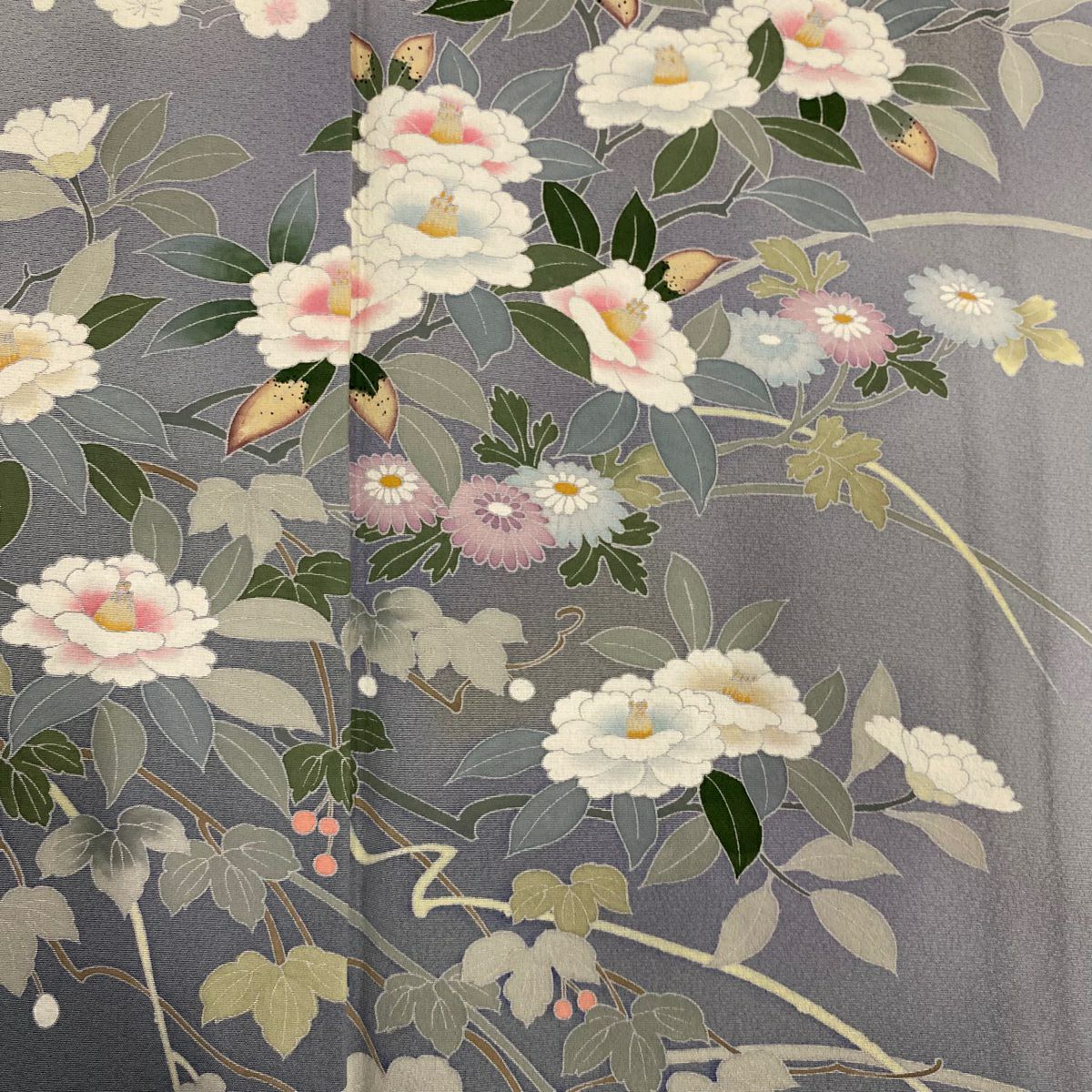【庫存清倉】訪問服 身長151cm 袖長64.5cm M 雙層 椿 菊花 漸層 青灰 純蠶絲 優品級