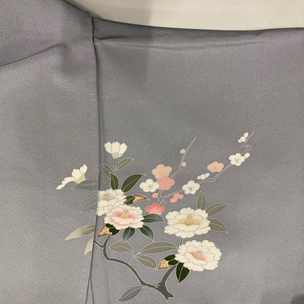【庫存清倉】訪問服 身長151cm 袖長64.5cm M 雙層 椿 菊花 漸層 青灰 純蠶絲 優品級