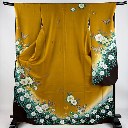 【庫存清倉】振袖禮服 身長170cm 袖長68cm L 雙層 牡丹 蝶 金金箔 金銀彩 山吹茶 純蠶絲 名品級