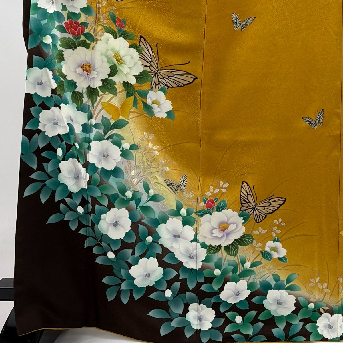 【庫存清倉】振袖禮服 身長170cm 袖長68cm L 雙層 牡丹 蝶 金金箔 金銀彩 山吹茶 純蠶絲 名品級