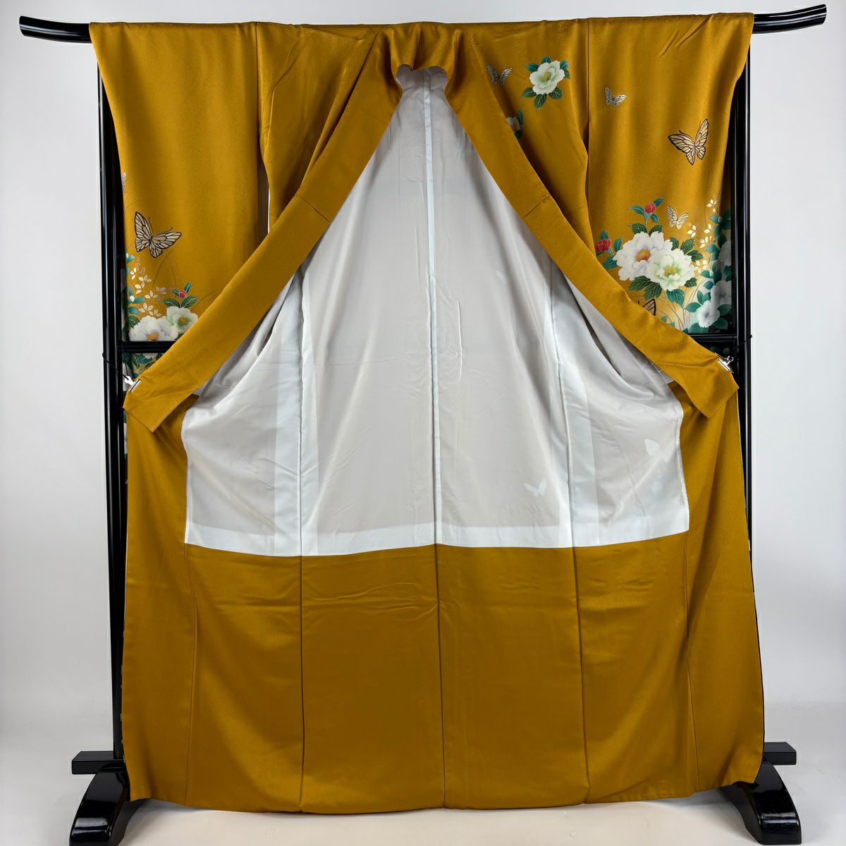 【庫存清倉】振袖禮服 身長170cm 袖長68cm L 雙層 牡丹 蝶 金金箔 金銀彩 山吹茶 純蠶絲 名品級