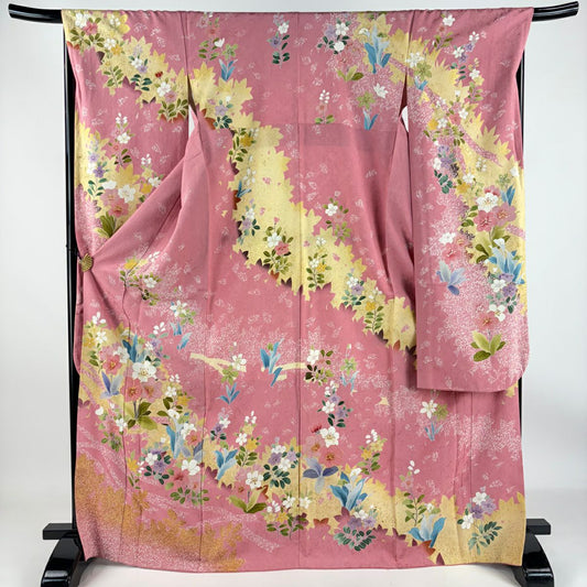 【庫存清倉】振袖禮服 身長169.5cm 袖長68cm L 雙層 草花紋紋 輪廓 金絲 金銀彩 粉色 純蠶絲 名品級