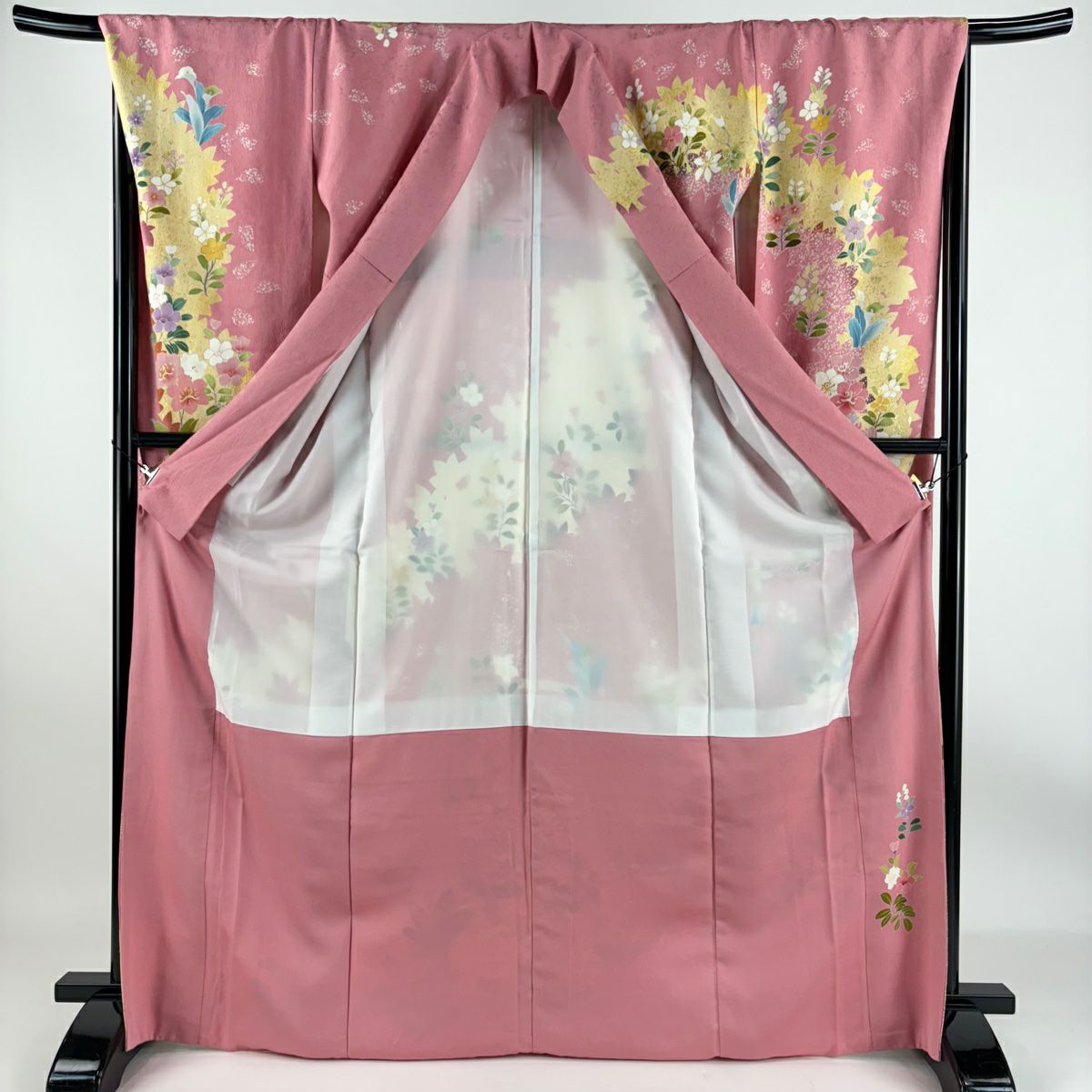 【庫存清倉】振袖禮服 身長169.5cm 袖長68cm L 雙層 草花紋紋 輪廓 金絲 金銀彩 粉色 純蠶絲 名品級