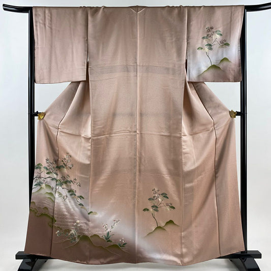 【庫存清倉】 付下 身長162cm 袖長66cm M 雙層 鈴乃屋 笠松樹 橘 螺鈿 金銀彩 粉紅 純蠶絲 優品級