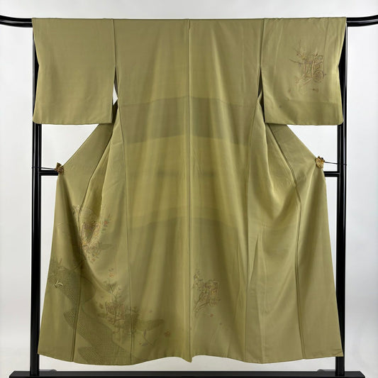 【庫存清倉】訪問服 身長150cm 袖長66cm M 雙層 御所車 霞刺繡 金絲 灰綠 純蠶絲 優品級