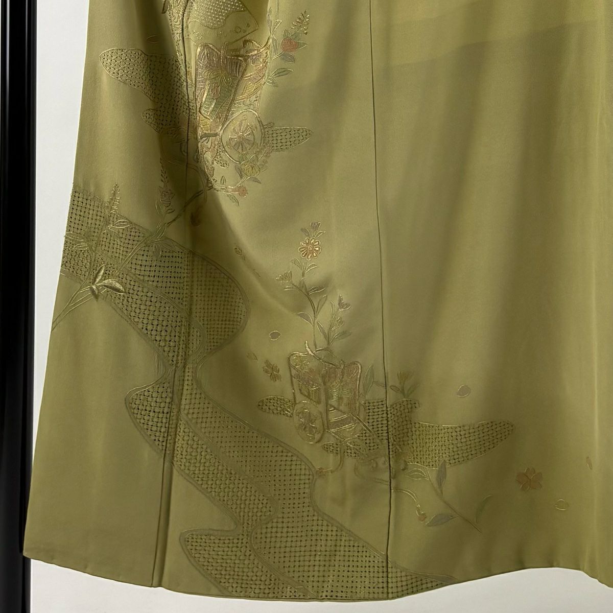 【庫存清倉】訪問服 身長150cm 袖長66cm M 雙層 御所車 霞刺繡 金絲 灰綠 純蠶絲 優品級