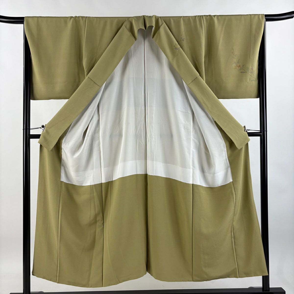 【庫存清倉】訪問服 身長150cm 袖長66cm M 雙層 御所車 霞刺繡 金絲 灰綠 純蠶絲 優品級
