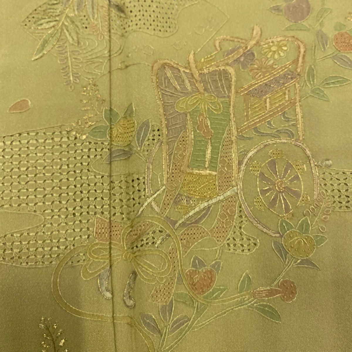 【庫存清倉】訪問服 身長150cm 袖長66cm M 雙層 御所車 霞刺繡 金絲 灰綠 純蠶絲 優品級