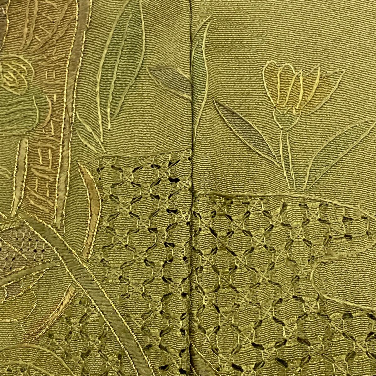 【庫存清倉】訪問服 身長150cm 袖長66cm M 雙層 御所車 霞刺繡 金絲 灰綠 純蠶絲 優品級