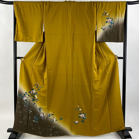 【清倉特賣】 付下 身長162cm 袖長67cm M 雙層 枝花 観世水 刺繡 漸層 山吹色 純蠶絲 優品級