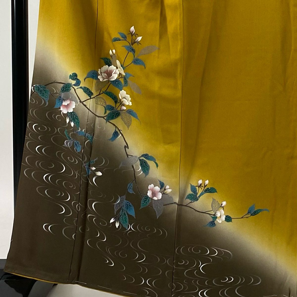 【清倉特賣】 付下 身長162cm 袖長67cm M 雙層 枝花 観世水 刺繡 漸層 山吹色 純蠶絲 優品級
