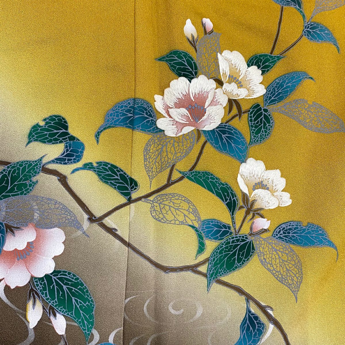 【清倉特賣】 付下 身長162cm 袖長67cm M 雙層 枝花 観世水 刺繡 漸層 山吹色 純蠶絲 優品級
