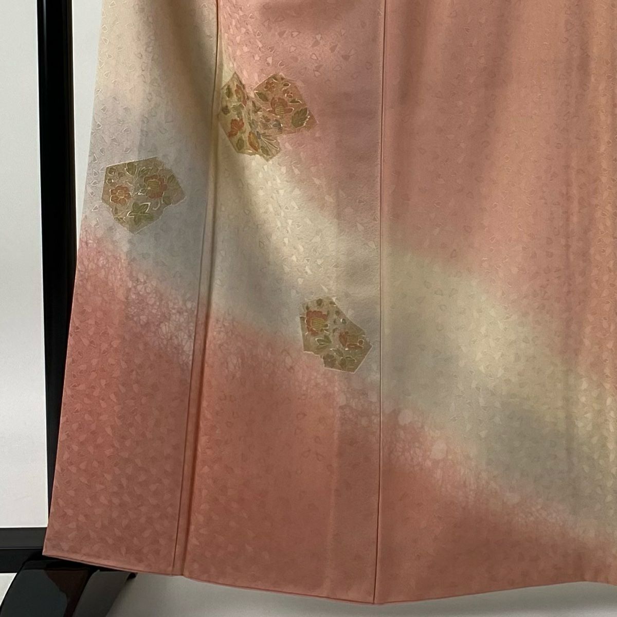 【庫存清倉】 付下 身長162.5cm 袖長66cm M 雙層 草花紋紋 鳥刺繡 金銀彩 粉紅 純蠶絲 優品級