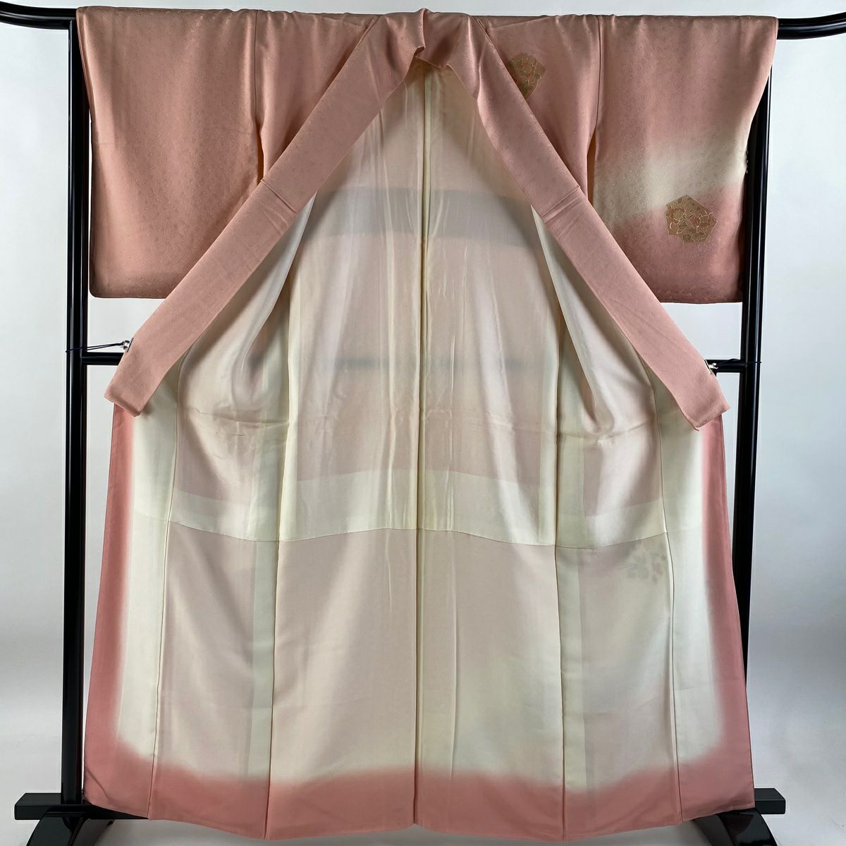 【庫存清倉】 付下 身長162.5cm 袖長66cm M 雙層 草花紋紋 鳥刺繡 金銀彩 粉紅 純蠶絲 優品級