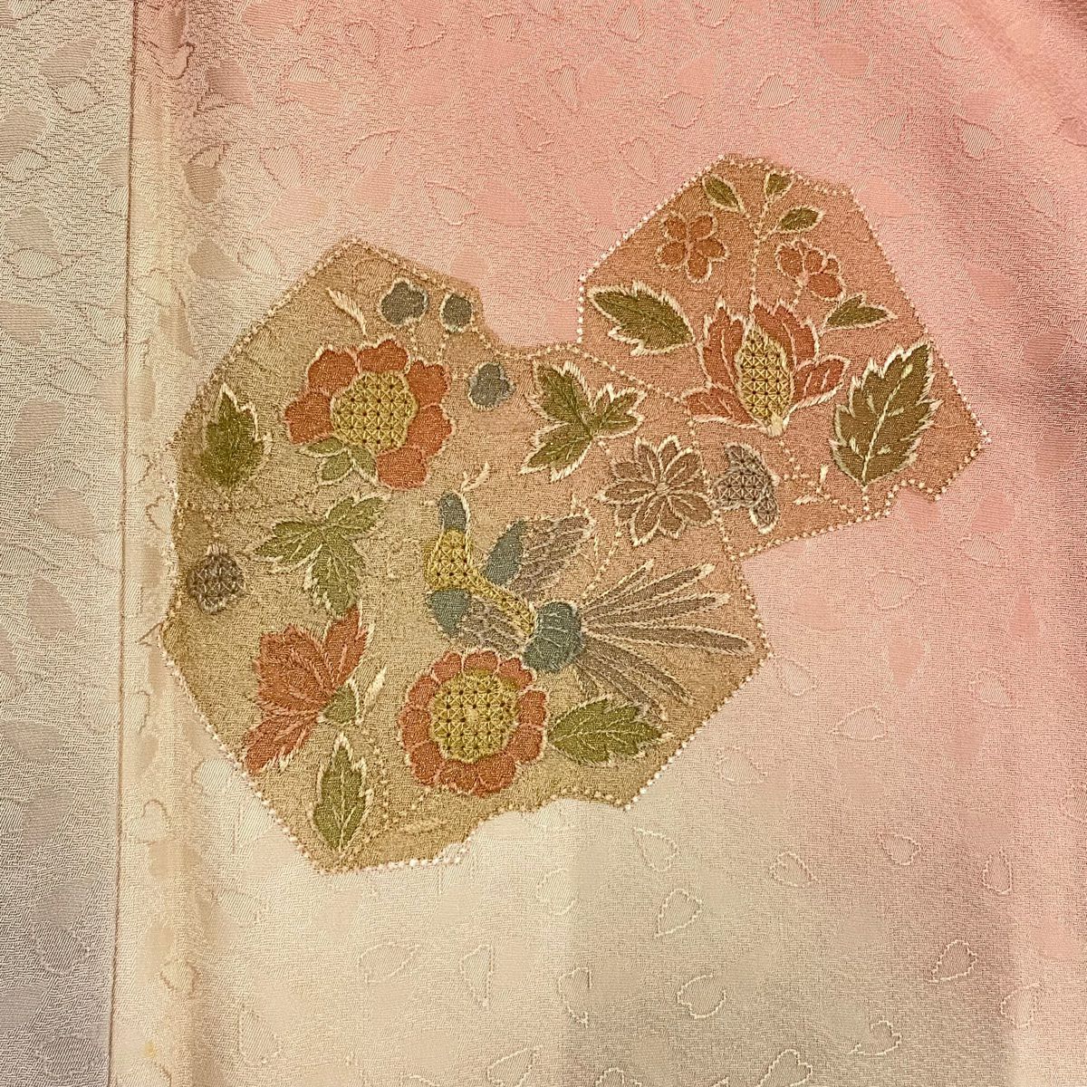 【庫存清倉】 付下 身長162.5cm 袖長66cm M 雙層 草花紋紋 鳥刺繡 金銀彩 粉紅 純蠶絲 優品級