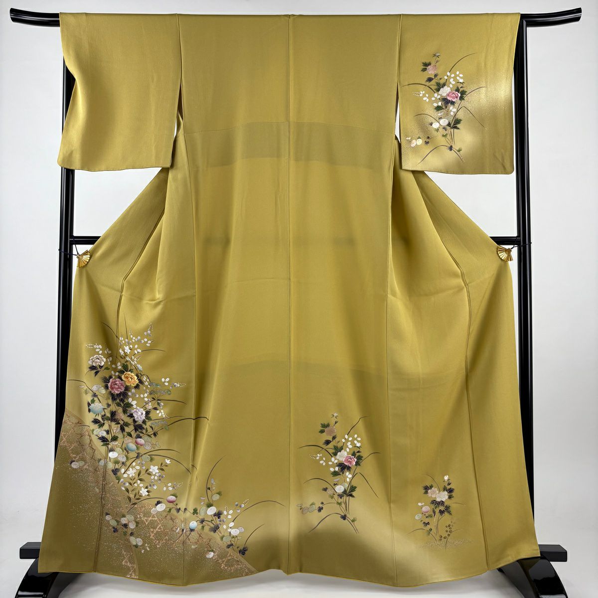 【庫存清倉】訪問服 身長165cm 袖長65.5cm M 雙層 秋草 光悅垣 刺繡 金銀彩 芥末色 純蠶絲 優品級