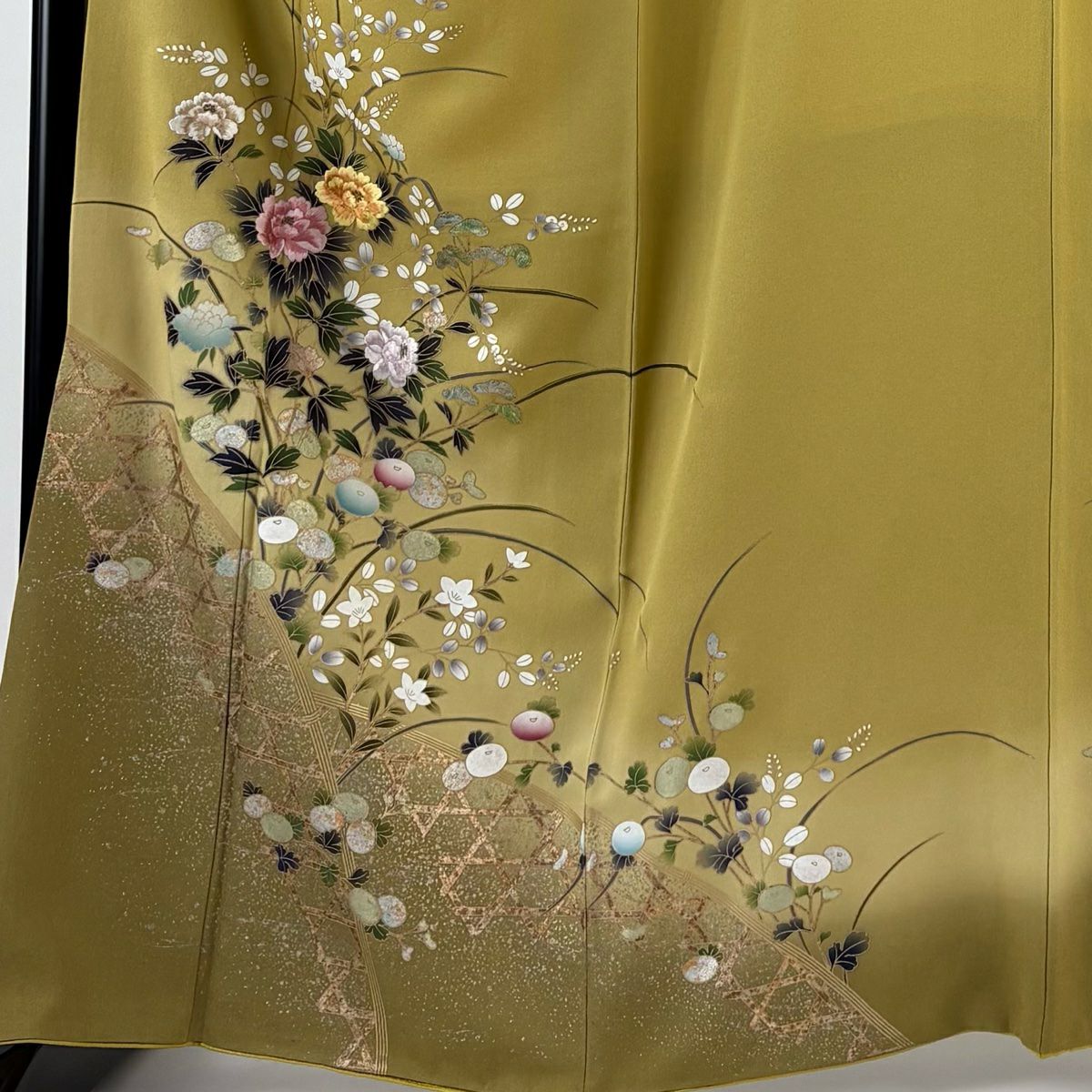 【庫存清倉】訪問服 身長165cm 袖長65.5cm M 雙層 秋草 光悅垣 刺繡 金銀彩 芥末色 純蠶絲 優品級