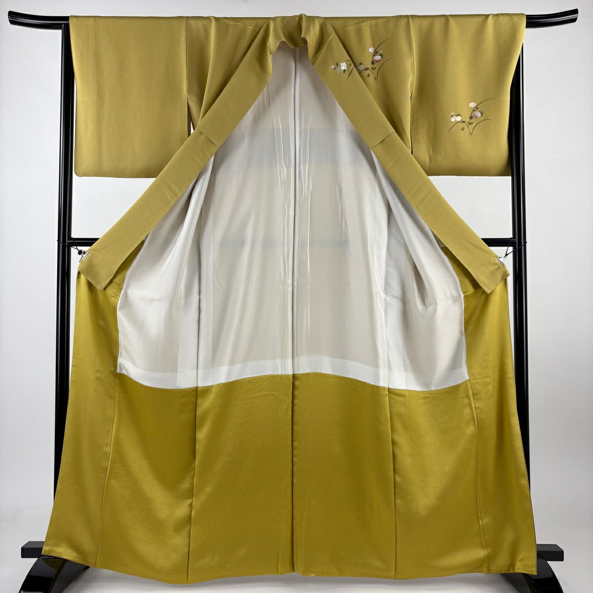 【庫存清倉】訪問服 身長165cm 袖長65.5cm M 雙層 秋草 光悅垣 刺繡 金銀彩 芥末色 純蠶絲 優品級
