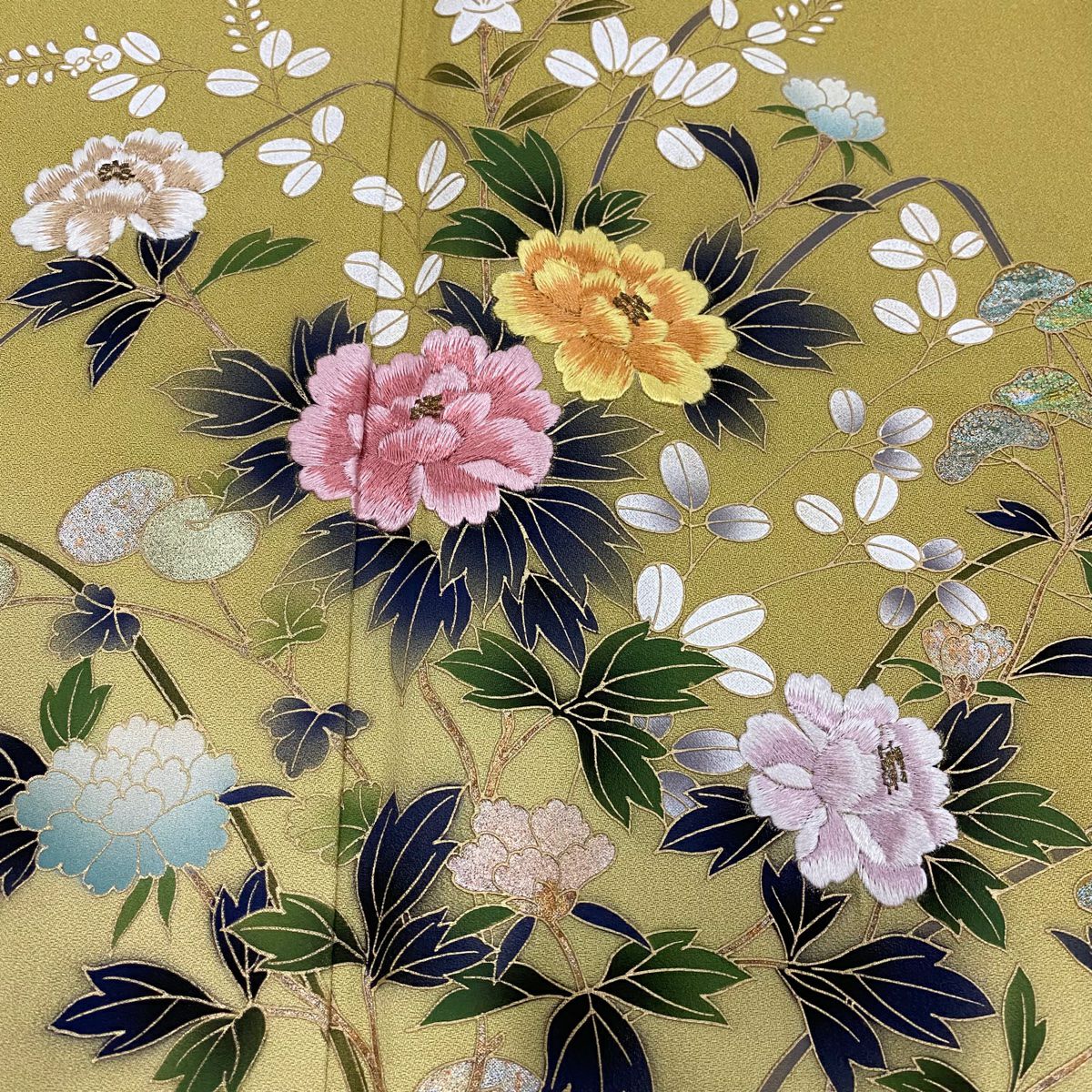 【庫存清倉】訪問服 身長165cm 袖長65.5cm M 雙層 秋草 光悅垣 刺繡 金銀彩 芥末色 純蠶絲 優品級