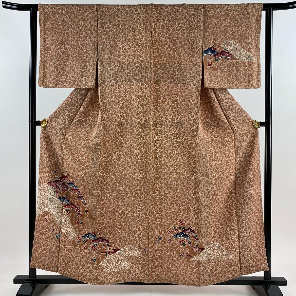 【庫存清倉】 付下 身長158cm 袖長63cm S 雙層 松樹梅花 霞 縮緬 淺橙色 純蠶絲 優品級