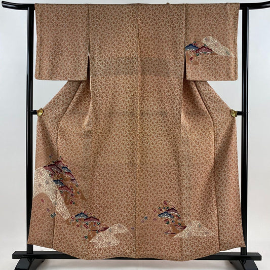 【庫存清倉】 付下 身長158cm 袖長63cm S 雙層 松樹梅花 霞 縮緬 淺橙色 純蠶絲 優品級