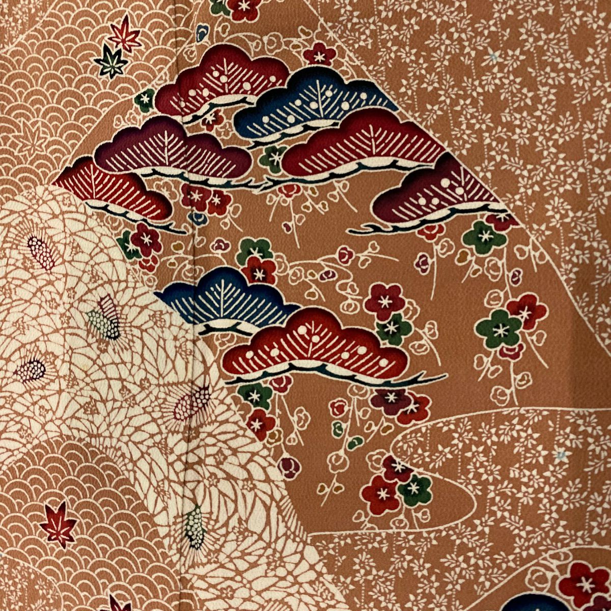 【庫存清倉】 付下 身長158cm 袖長63cm S 雙層 松樹梅花 霞 縮緬 淺橙色 純蠶絲 優品級