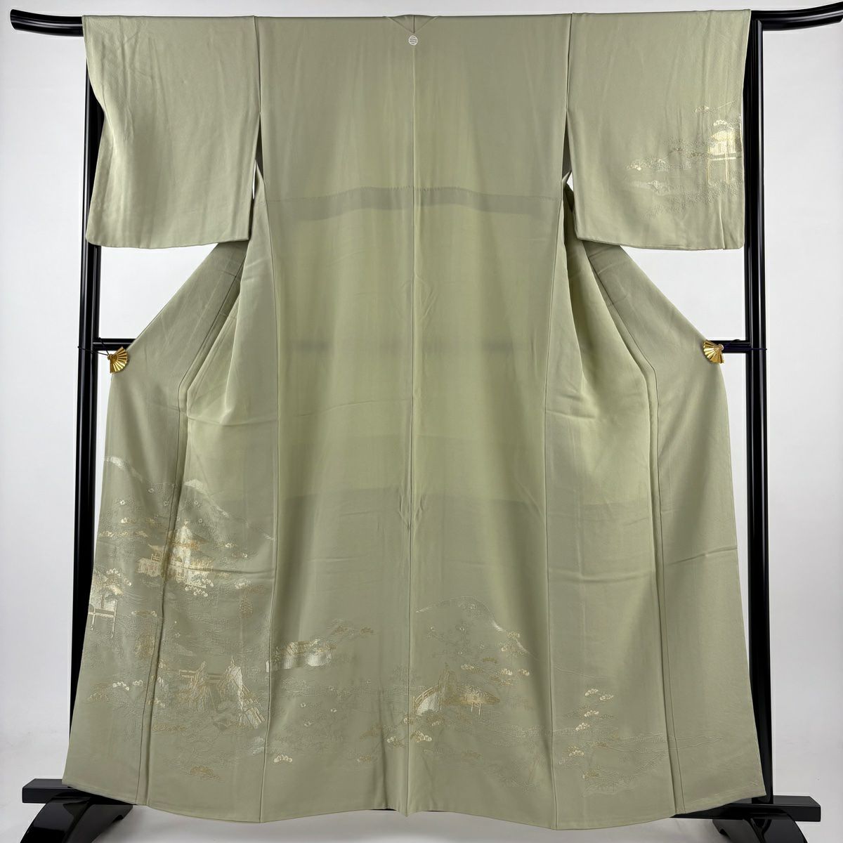 【庫存清倉】 付下 身長160.5cm 袖長66cm M 雙層 建築 人物 刺繡 金線 灰綠 純蠶絲 優品級