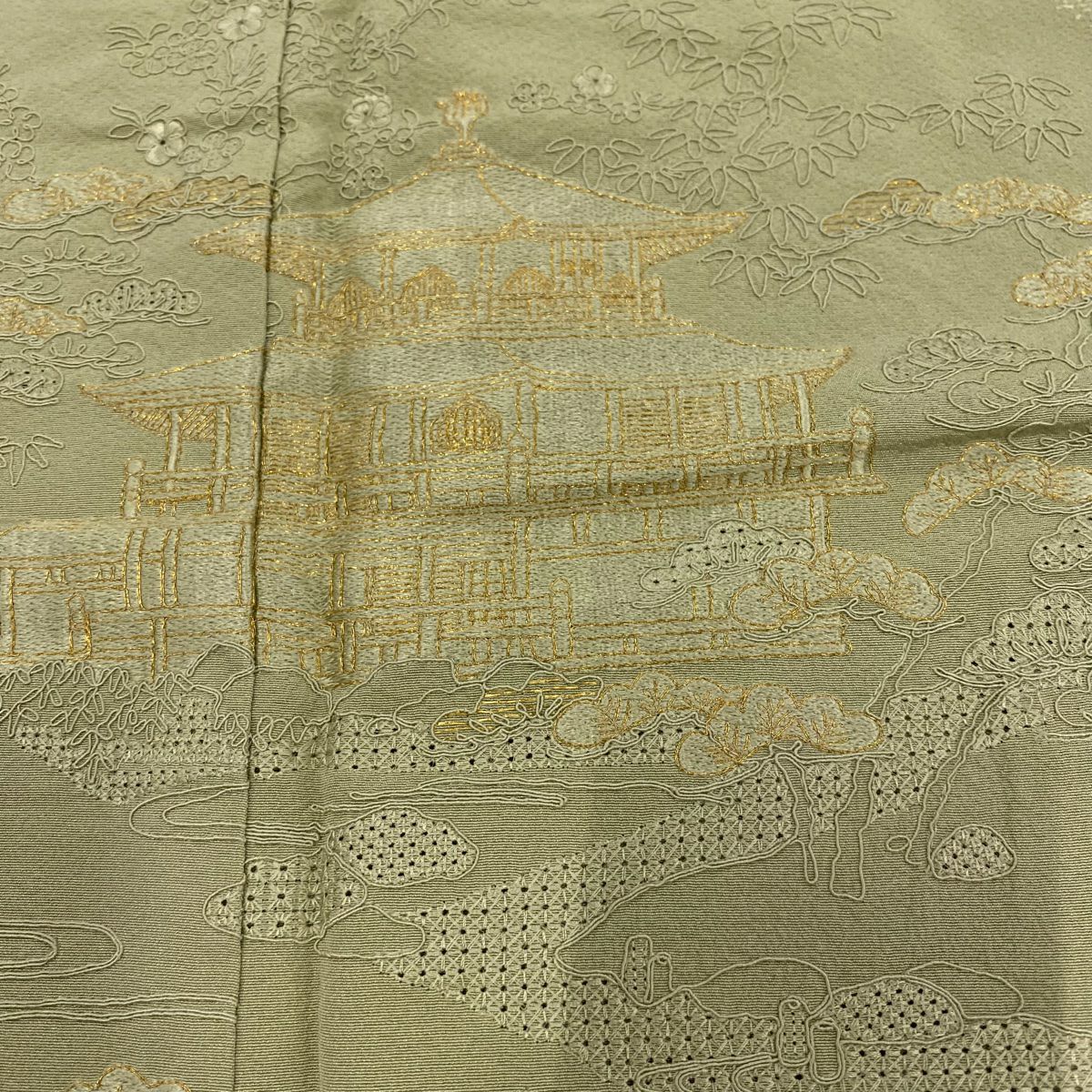 【庫存清倉】 付下 身長160.5cm 袖長66cm M 雙層 建築 人物 刺繡 金線 灰綠 純蠶絲 優品級