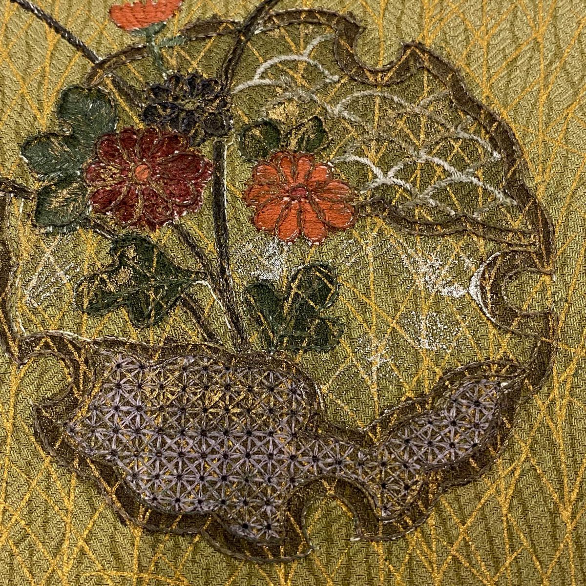 【庫存清倉】 付下 身長161.5cm 袖長65cm M 雙層 雪輪 草花紋刺繡 金銀彩 山吹茶 純蠶絲 優品級