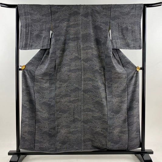 【庫存清倉】 江戶小紋 身長157cm 袖長63cm S 雙層 落款有 家屋 草花紋紋 黑灰 純蠶絲 優品級