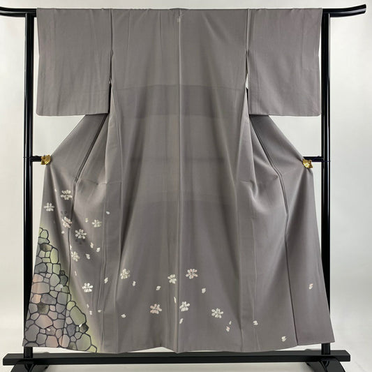 【庫存清倉】 付下 身長153cm 袖長62.5cm S 雙層 花 幾何學 金銀彩 漸層 灰紫 純蠶絲 優品級 一個紋