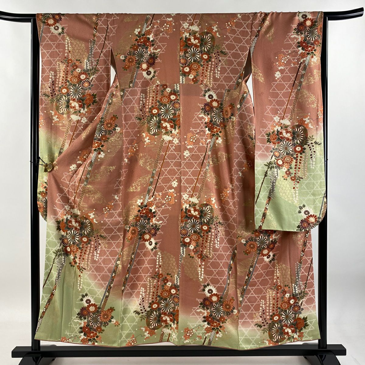 【庫存清倉】振袖禮服 身長154cm 袖長64cm M 雙層 花車 籠目 金銀彩 染分 粉米色 純蠶絲 優品級
