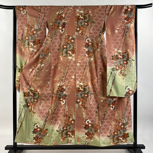【庫存清倉】振袖禮服 身長154cm 袖長64cm M 雙層 花車 籠目 金銀彩 染分 粉米色 純蠶絲 優品級
