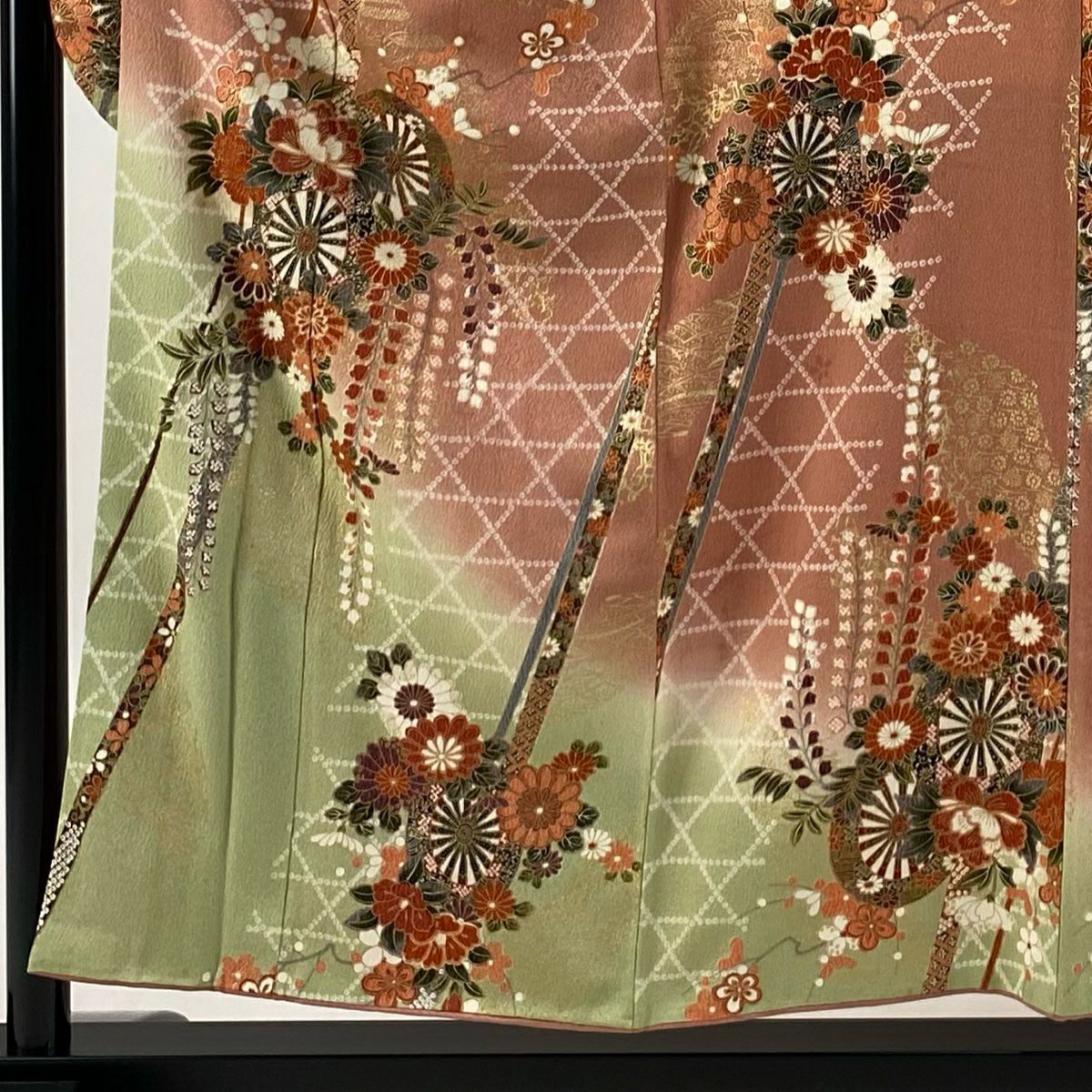【庫存清倉】振袖禮服 身長154cm 袖長64cm M 雙層 花車 籠目 金銀彩 染分 粉米色 純蠶絲 優品級