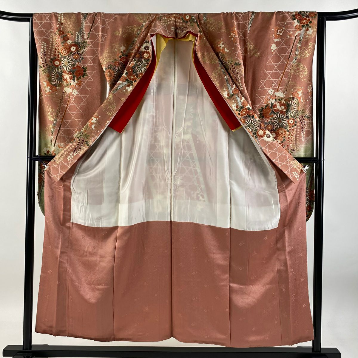 【庫存清倉】振袖禮服 身長154cm 袖長64cm M 雙層 花車 籠目 金銀彩 染分 粉米色 純蠶絲 優品級