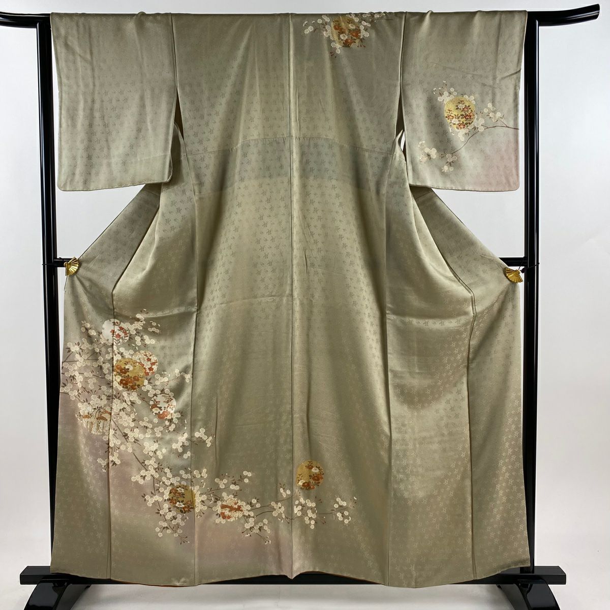 【庫存清倉】訪問服 身長158cm 袖長64cm M 雙層 雪輪 枝花 金絲 金銀彩 灰綠 純蠶絲 優品級