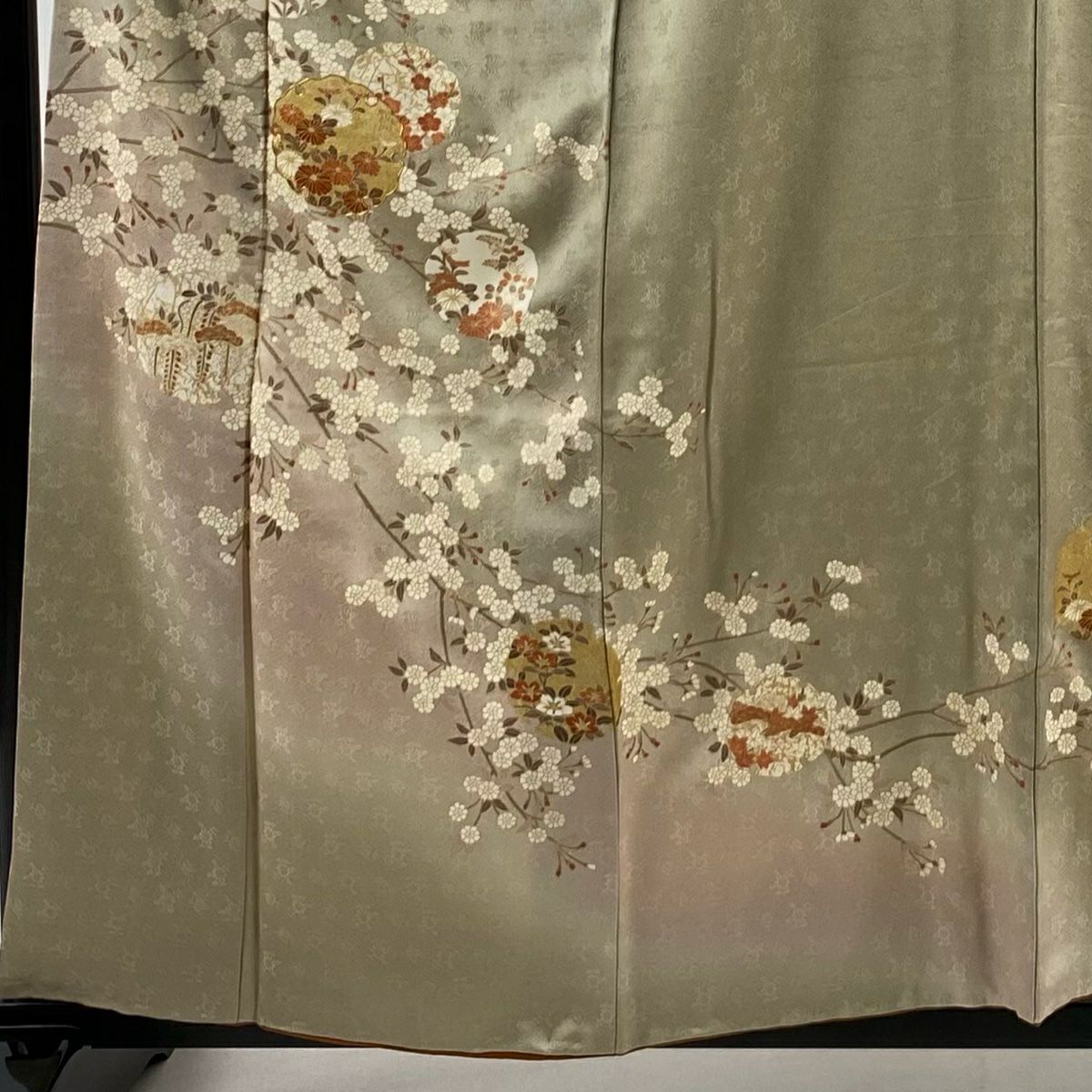 【庫存清倉】訪問服 身長158cm 袖長64cm M 雙層 雪輪 枝花 金絲 金銀彩 灰綠 純蠶絲 優品級