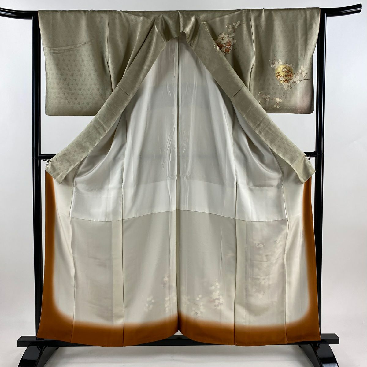 【庫存清倉】訪問服 身長158cm 袖長64cm M 雙層 雪輪 枝花 金絲 金銀彩 灰綠 純蠶絲 優品級