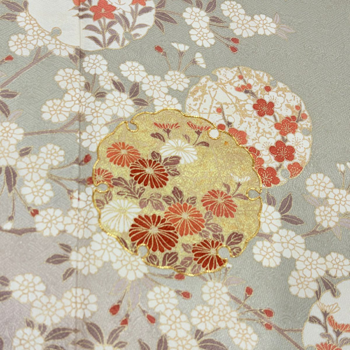 【庫存清倉】訪問服 身長158cm 袖長64cm M 雙層 雪輪 枝花 金絲 金銀彩 灰綠 純蠶絲 優品級