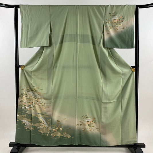 【庫存清倉】訪問服 身長159cm 袖長62cm S 雙層 建物 松樹梅花 金銀彩 漸層 淺綠 純蠶絲 優品級