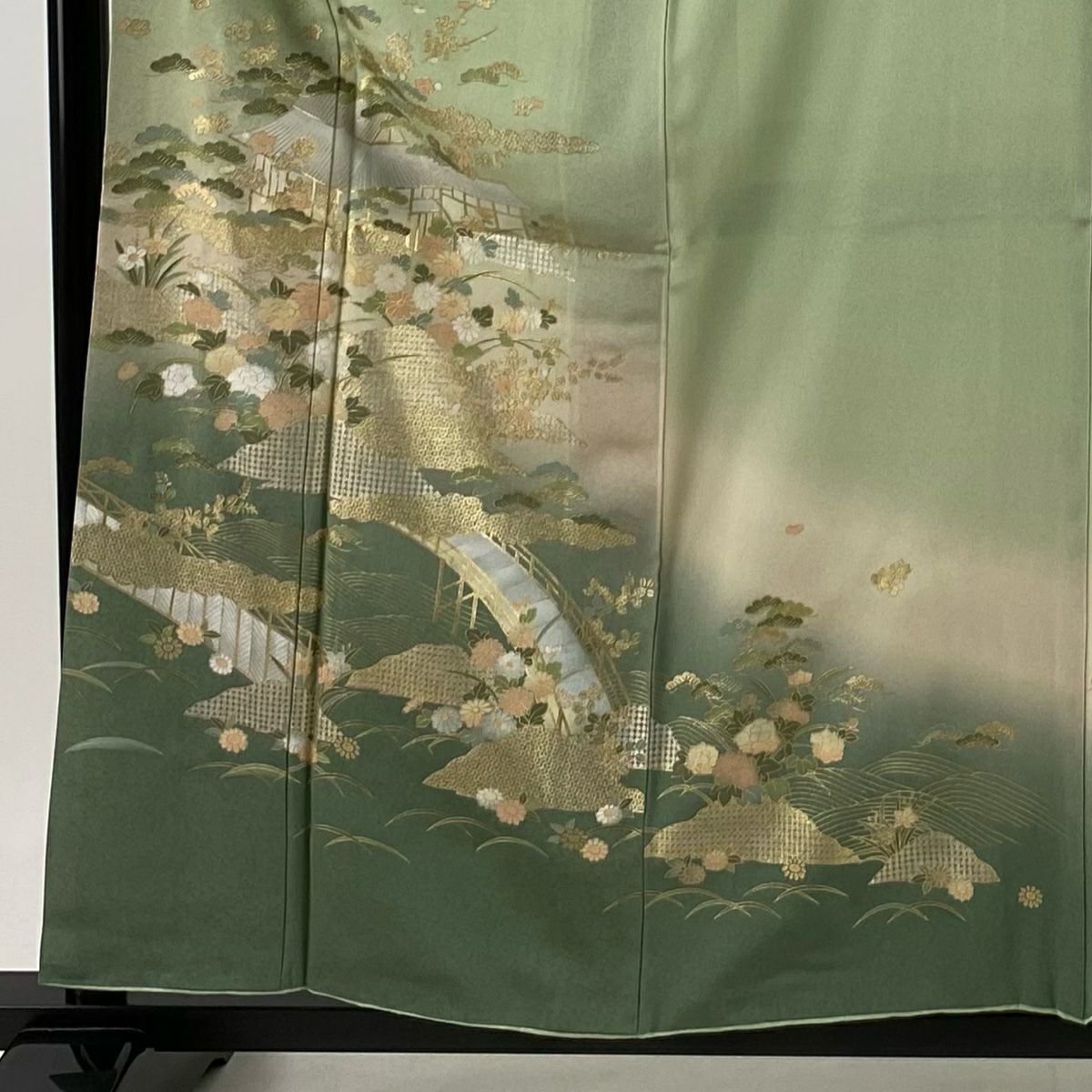 【庫存清倉】訪問服 身長159cm 袖長62cm S 雙層 建物 松樹梅花 金銀彩 漸層 淺綠 純蠶絲 優品級
