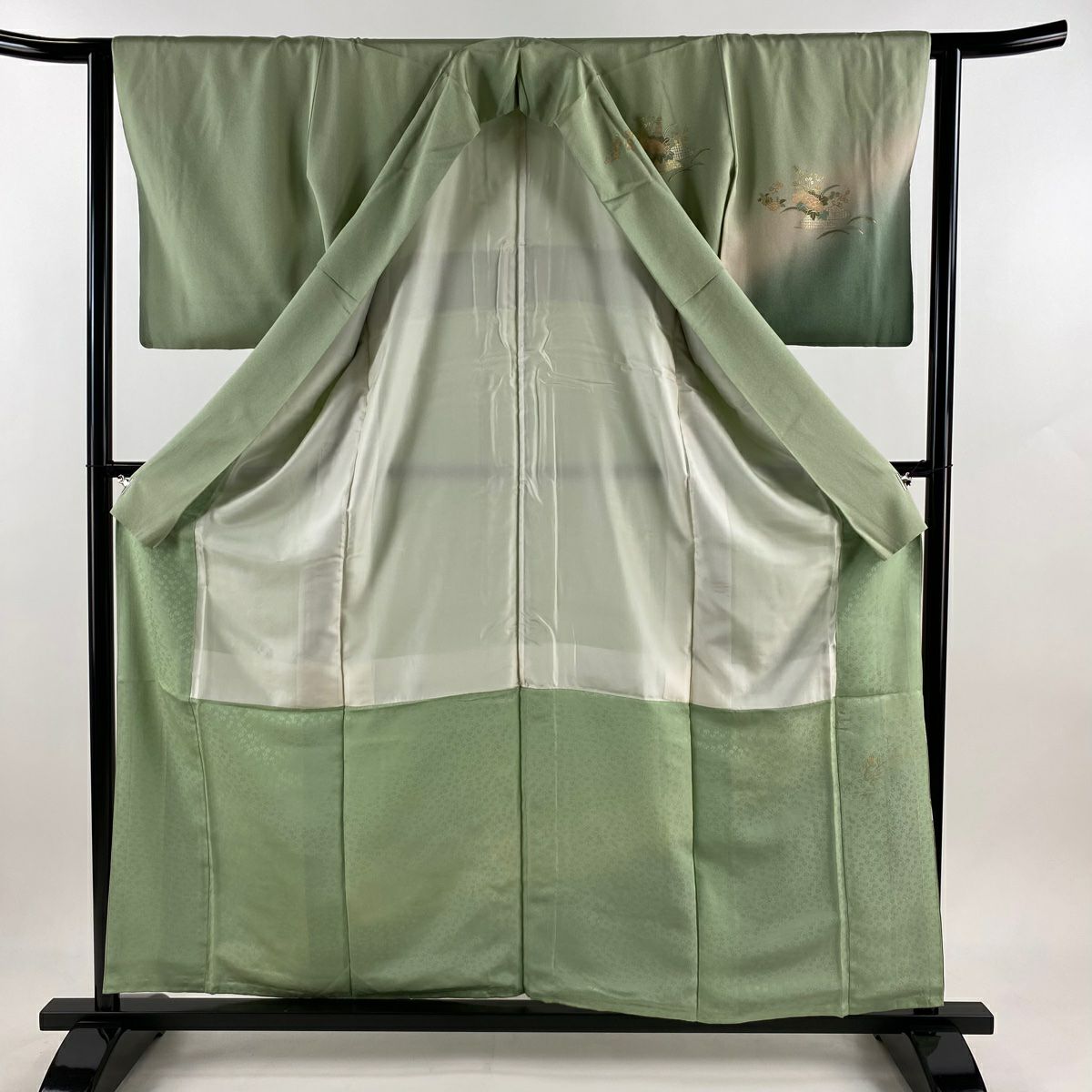 【庫存清倉】訪問服 身長159cm 袖長62cm S 雙層 建物 松樹梅花 金銀彩 漸層 淺綠 純蠶絲 優品級