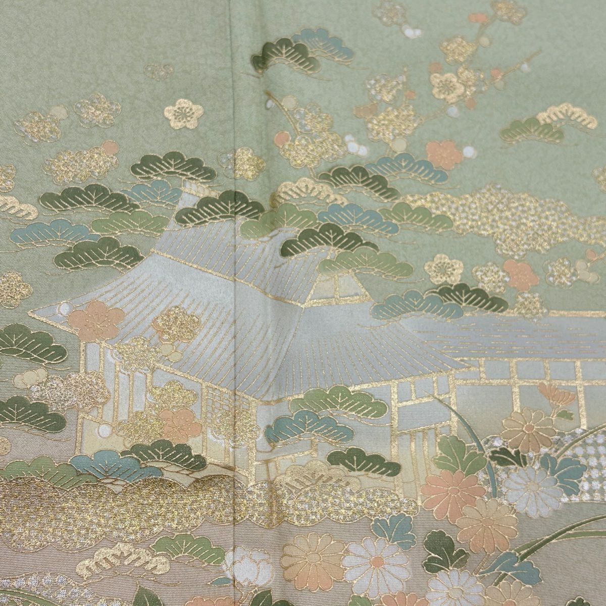 【庫存清倉】訪問服 身長159cm 袖長62cm S 雙層 建物 松樹梅花 金銀彩 漸層 淺綠 純蠶絲 優品級