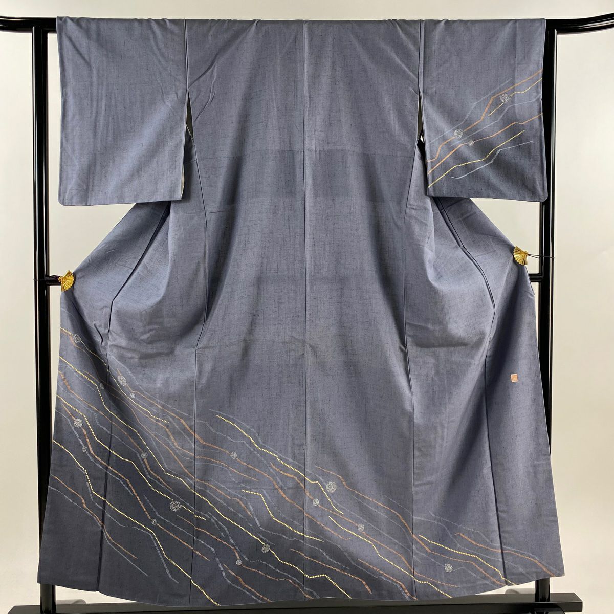 【庫存清倉】訪問服 身長155cm 袖長62.5cm S 雙層 紬織織 有落款 幾何學 青灰 深藍 純蠶絲 美品 秀品級