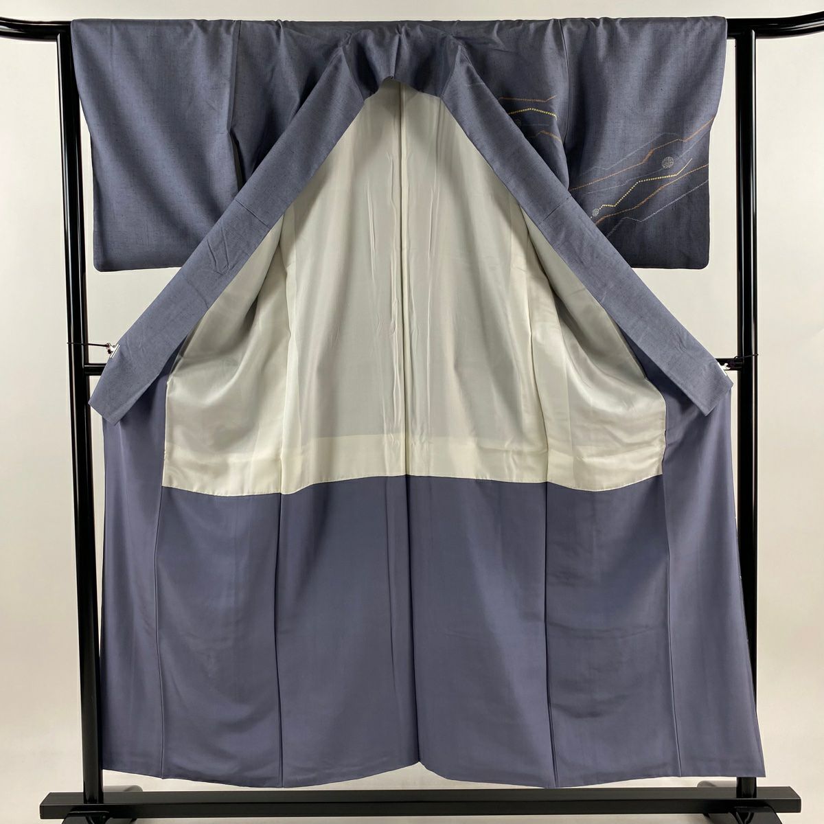 【庫存清倉】訪問服 身長155cm 袖長62.5cm S 雙層 紬織織 有落款 幾何學 青灰 深藍 純蠶絲 美品 秀品級