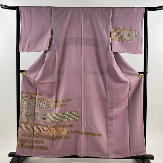 【清倉特賣】 付下 身長159cm 袖長64.5cm M 雙層 ヱ霞 七寶 金銀彩 金通し 粉紅 純蠶絲 優品級 一個紋