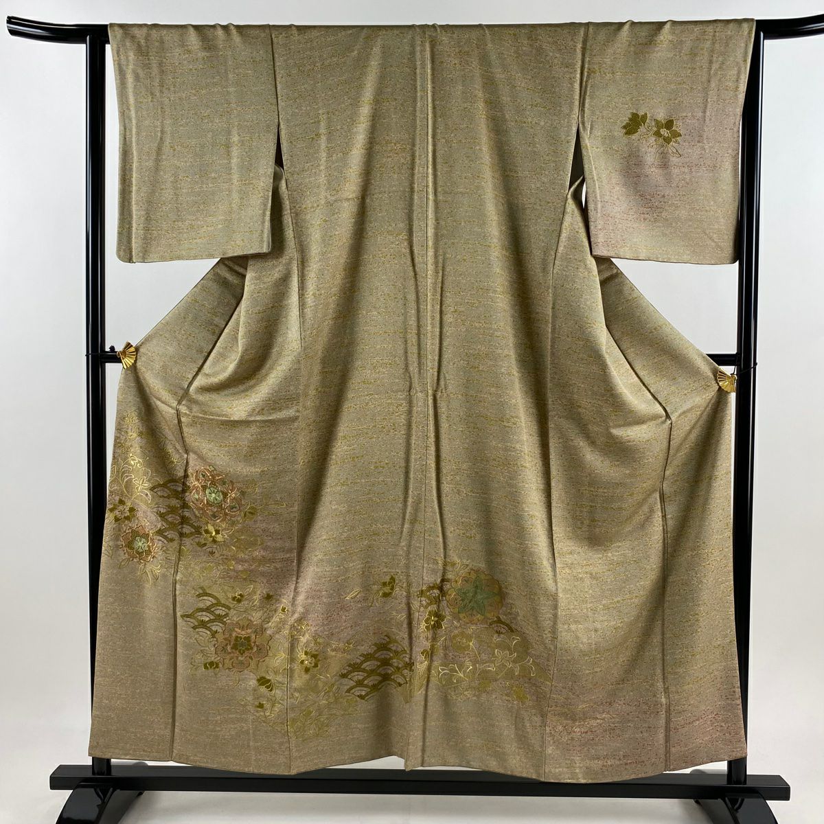 付下 身長156cm 袖長65cm M 雙層 華紋 青海波 刺繡 薄茶 純蠶絲 秀品級