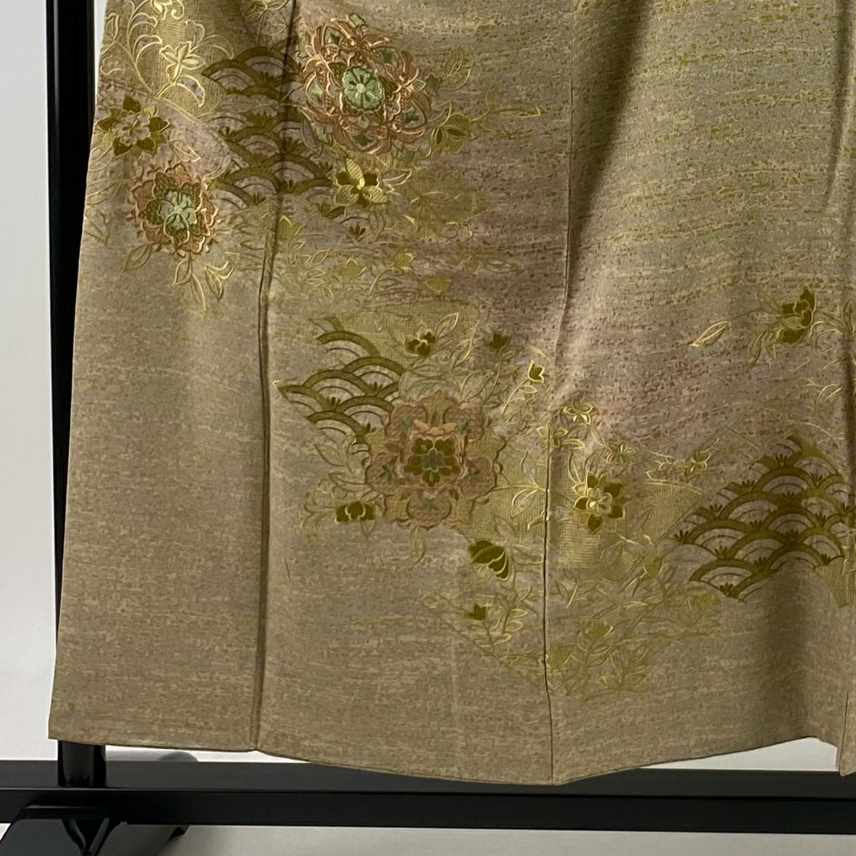 付下 身長156cm 袖長65cm M 雙層 華紋 青海波 刺繡 薄茶 純蠶絲 秀品級