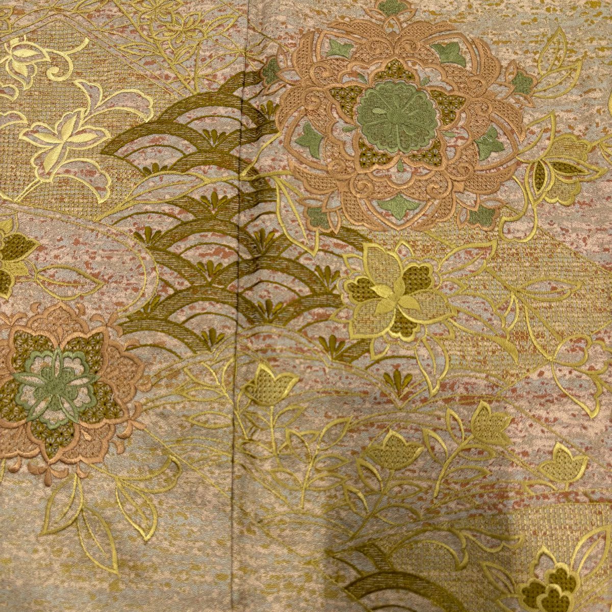 付下 身長156cm 袖長65cm M 雙層 華紋 青海波 刺繡 薄茶 純蠶絲 秀品級